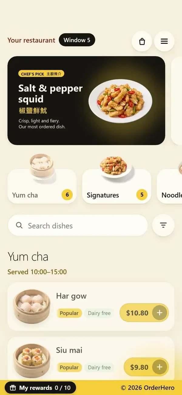 A diner's phone showing a sample restaurant menu: a chef's pick banner, Yum cha and Signatures categories, and Har gow with a price.