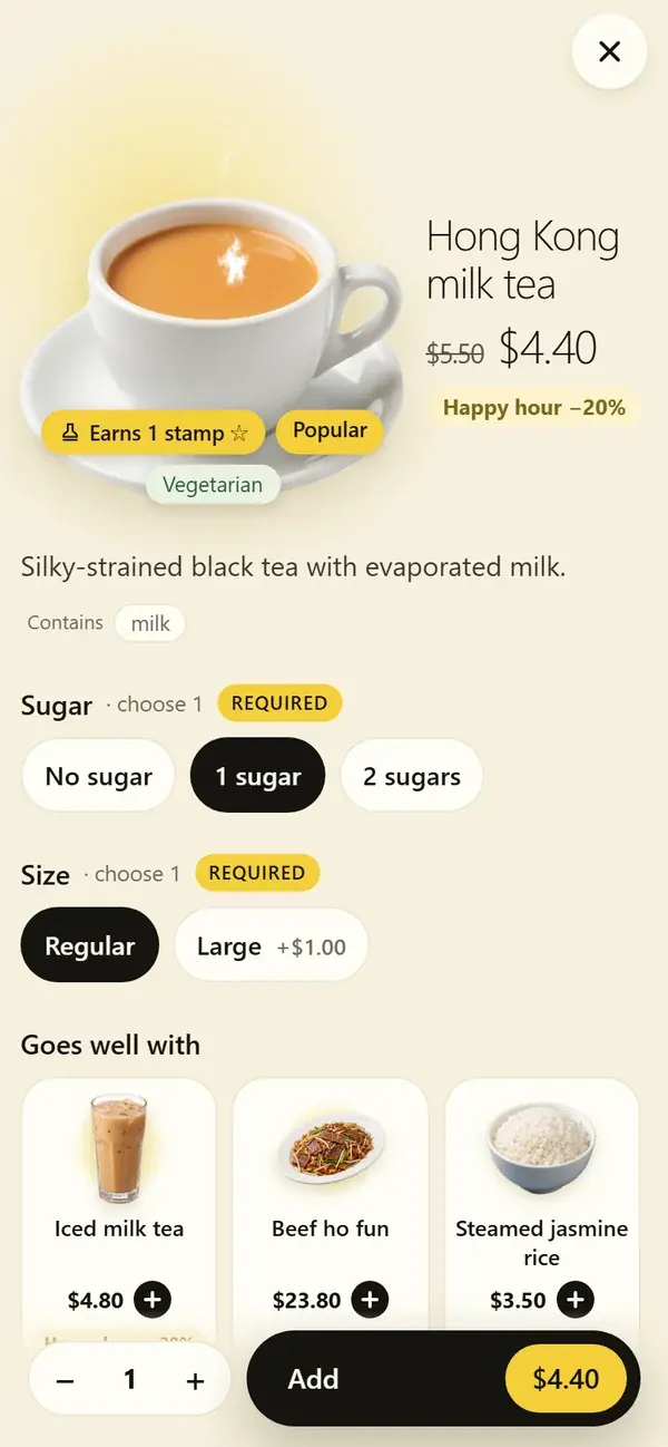 A diner's phone showing one dish, Hong Kong milk tea, with its English and Chinese name, allergen note, sugar and size choices and Goes well with suggestions.